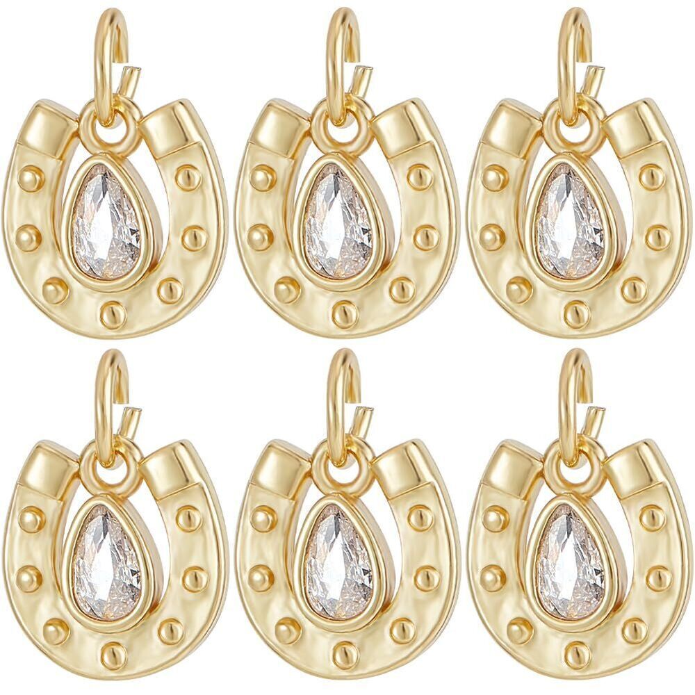 6582 1 Box 6Pcs Stirrup Charms 18K Gold Plated Brass Cubic Zirconia Western